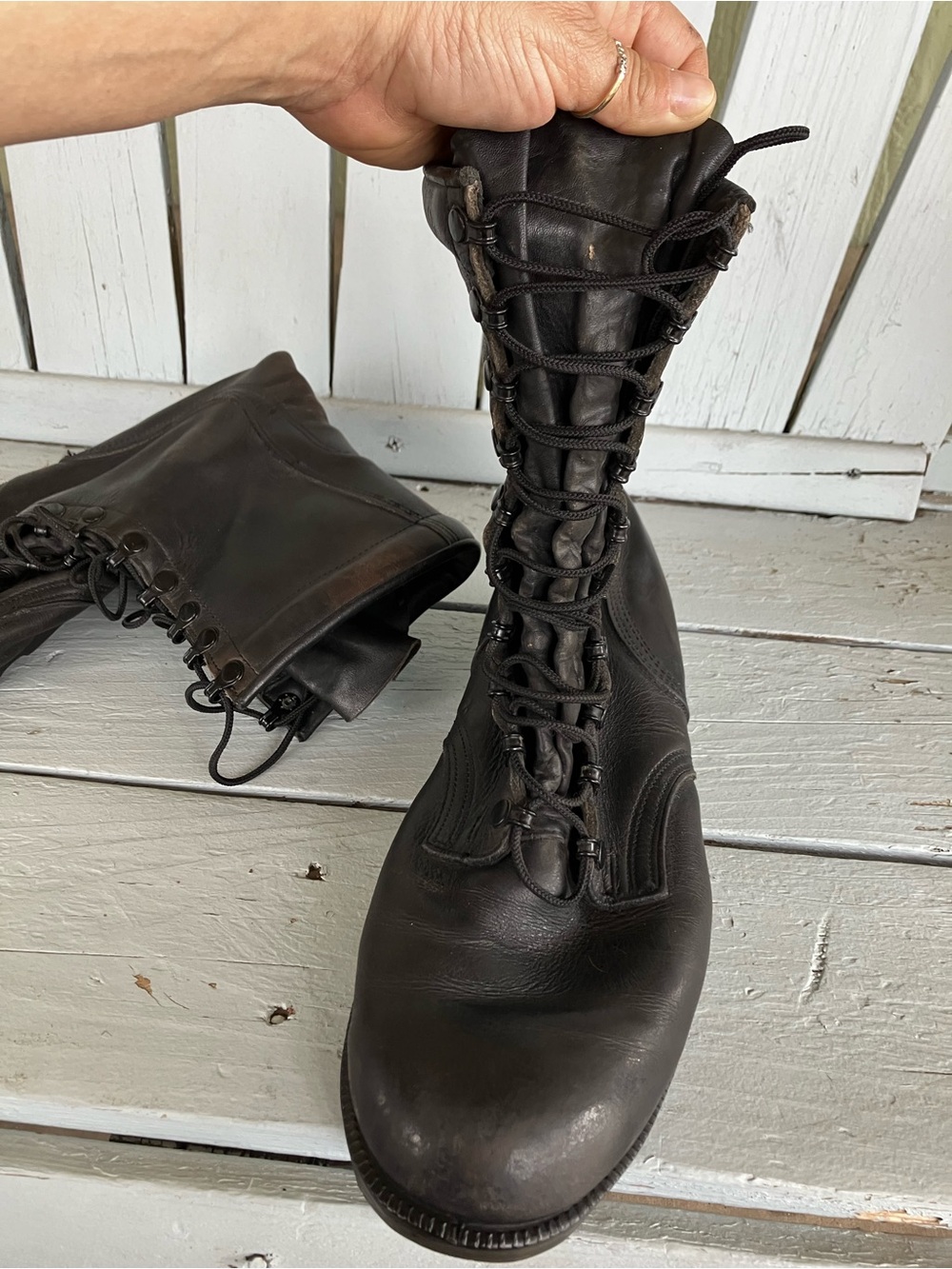 Men's Black Leather Lace-Up Combat Boots RO SEARCH Vintage Military - Picture 3 of 15